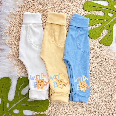 Kit 3 Calças - Wild Boy - Off White, Amarelo e Azul Bebê